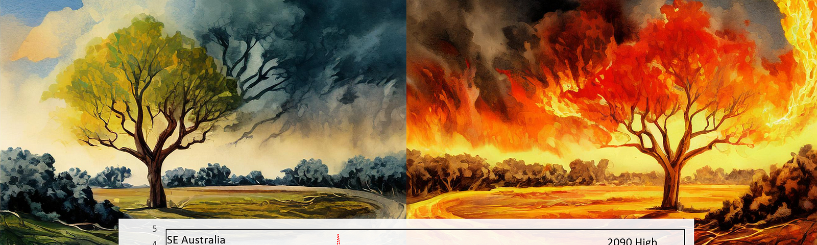 Background showing green and moist Australian landscape on left, with the same landscape in fire on right. Superimposed is an example chart  of changing regimes in FFDI with 2030 and 2090 projections of change for SE Australia