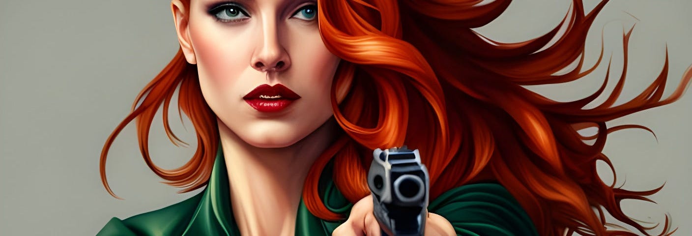 Redhead woman pointing a gun toward the viewer.