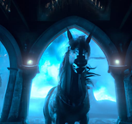 An angry black mare framed in blue light inside a creepy church.