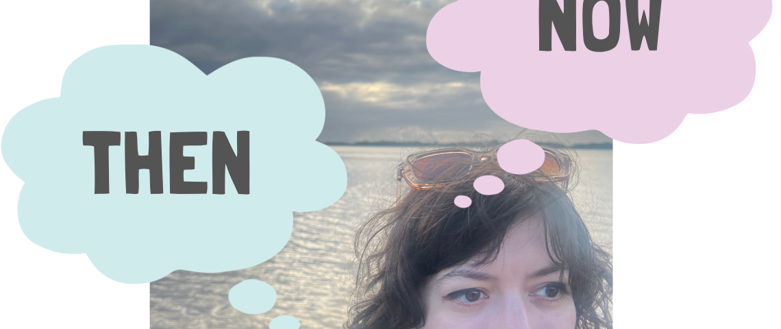 A photo of the author looking to the distance with sunlight breaking through the clouds behind her. Two thought bubbles are picture, containing the words ‘THEN’ and ‘NOW’