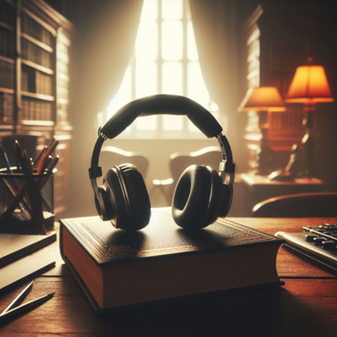 AI image of headphones on a book in a dimly lit, classic office produced by using Microsoft Copilot