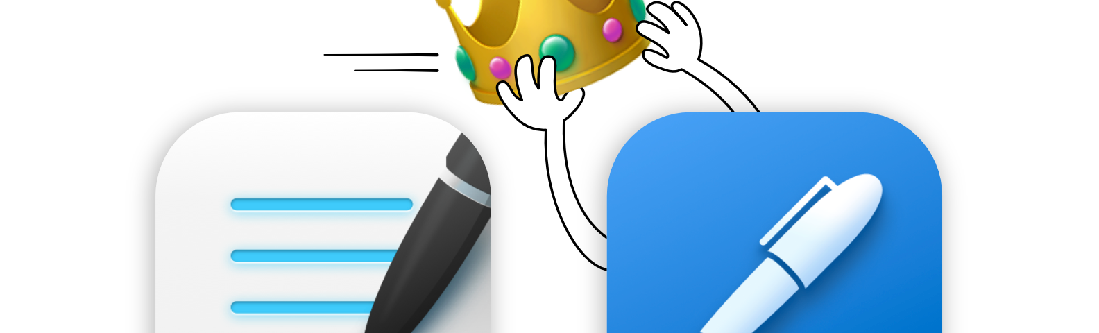 GoodNotes icon on the left, with Noteshelf icon on the right. Crown emoji has been removed from GoodNotes ‘head’ by Noteshelf’s cartoon arms.