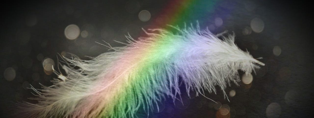 A downy feather with a rainbow streaking through it against a dark background.