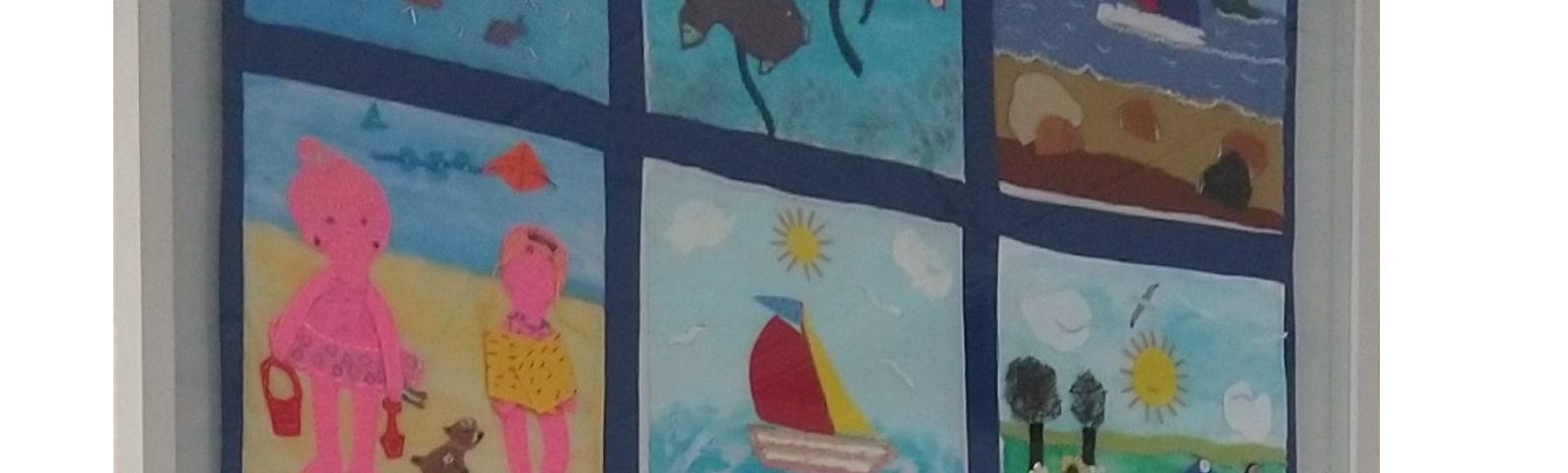 A photograph of some wall art, a collage of twelve panels each depicting sea life. Made and donated by the Whitstable Umbrella Centre.
