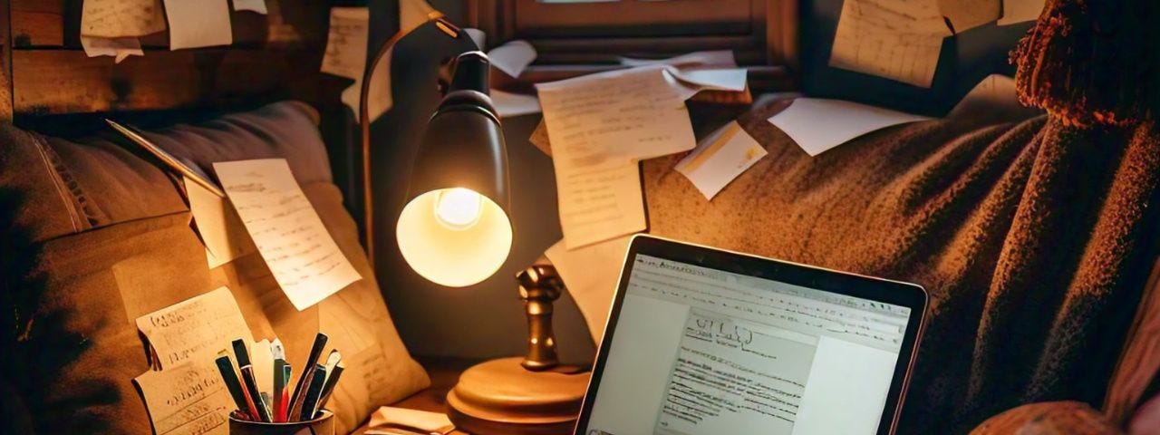 A warm, cozy writing nook with scattered papers, pens, and a laptop.