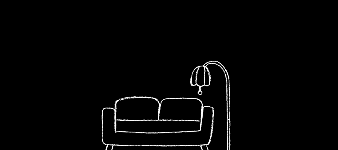 Black background. White lined sketch of a couch. There is an overhang lamp to its right.