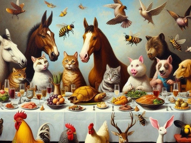 A host of farm animals have a dinner party