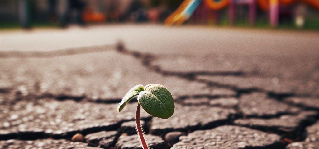 A tiny sprout pops up in a crack in the tarmac