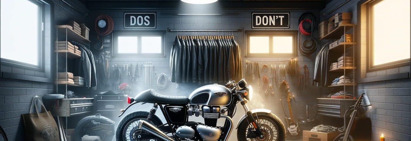 A clean and organised garage with a modern retro motorcycle alongside high-quality gear and a ‘DOs’ sign. Contrasted sharply with a darker cluttered and disorganised garage, with a poorly maintained motorcycle, scattered gear, and a ‘DON’Ts’ sign in dimmer lighting.