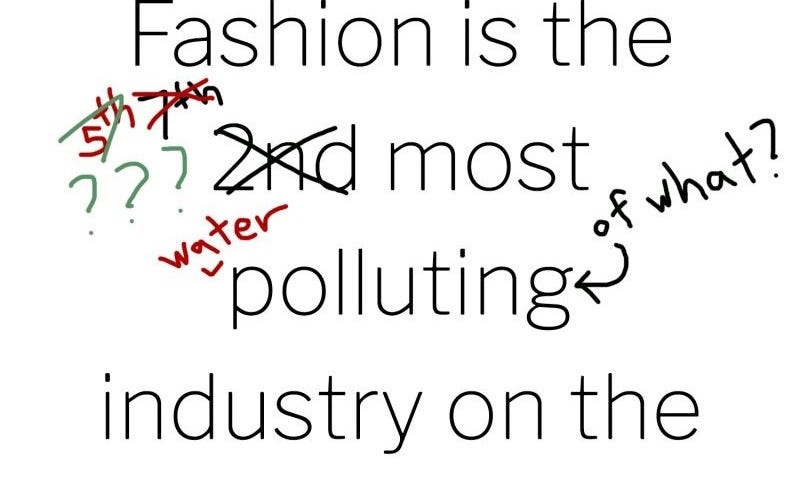 A moda é a 2ª (5ª, 7ª???) indústria mais poluidora do planeta (do que? Da água?) depois do petróleo (pecuária, química).