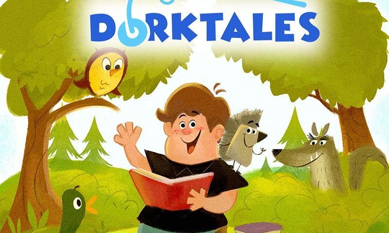 Dorktales Storytime podcast cover art featuring an illustrated depiction of host Jonathan Cormur and animal characters from the show who are listening to him read. He is waving his hand, and they are in a forest setting. Illustration is by Arthur Lin.