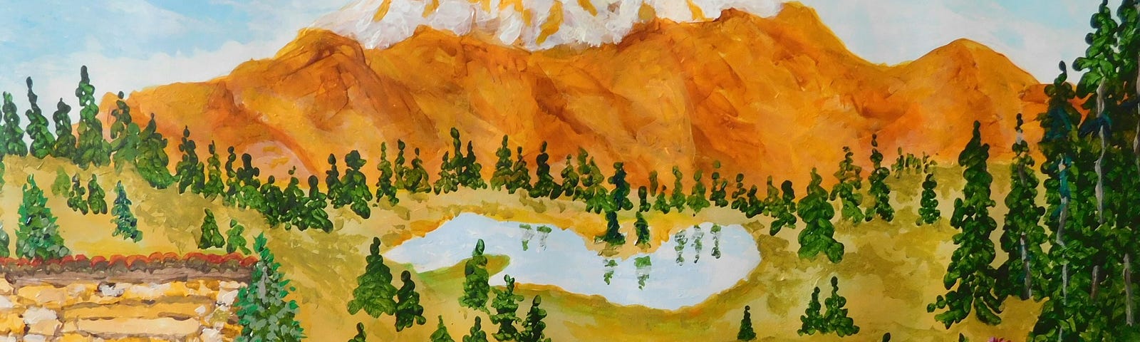 A painting of mountains, pine trees, streams, and a stone wall with a door in it