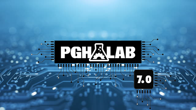 An image of a circuit board with blue lighting lies in the background. In front are two other circuit boards in black with PGH LAB 7.0 shown inside. In the middle of PGH Lab is a flask with a gear and bubbles.