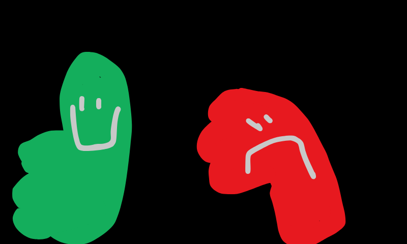 Green thumbs up and red thumbs down, drawn by a young hand, like everything in this article