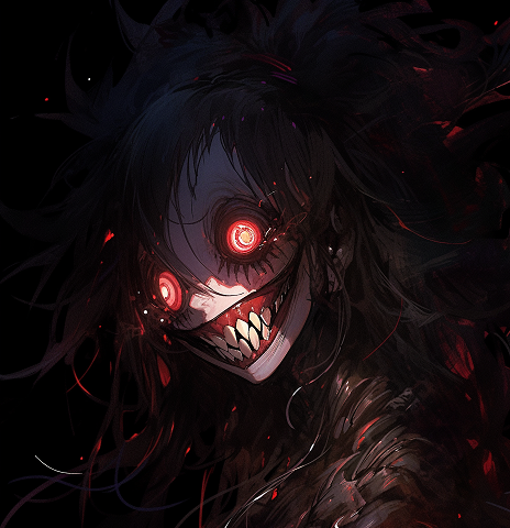 A humanoid creature of indeterminate gender, pale, with a bulging, glowing red fishlike eyes, a huge grin full of sharp teeth and long, wild, dark hair grins unnervingly.