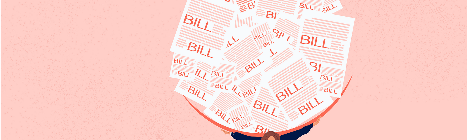 Big Bills hero image: a woman struggling to hold up a world of large healthcare bills, like Atlas in Greek mythology.