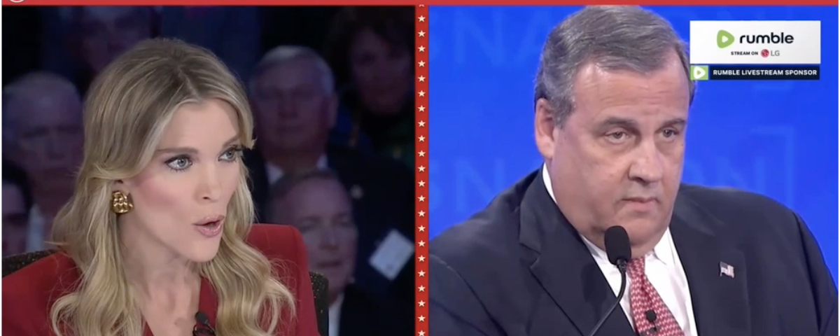 Megyn Kelly and Chris Christie, side by side on the TV debate screen. Kelly’s lips are pursed as if she’s speaking intensely. Christie looks tired.