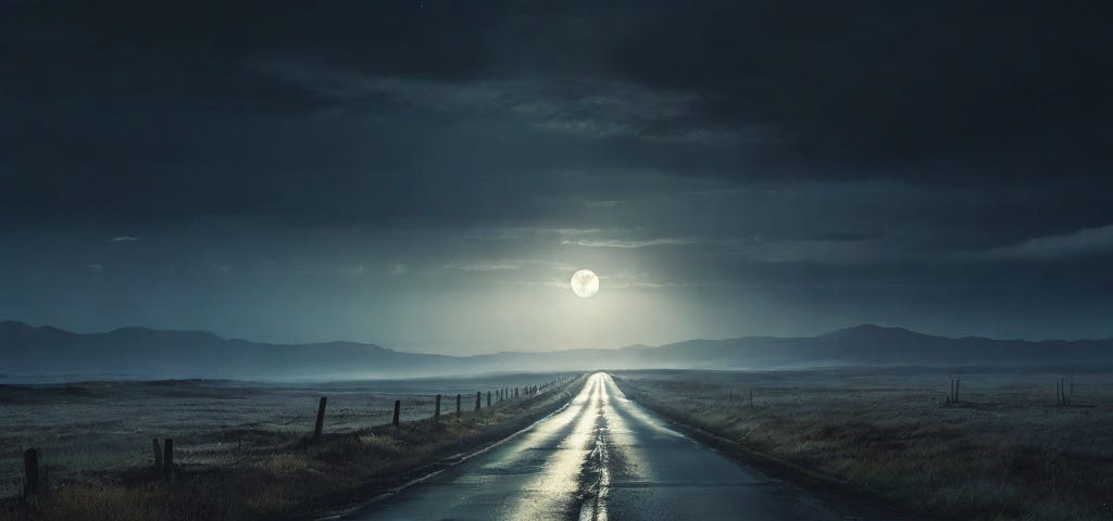 desolate road at night, bathed in the pale glow of the moon.