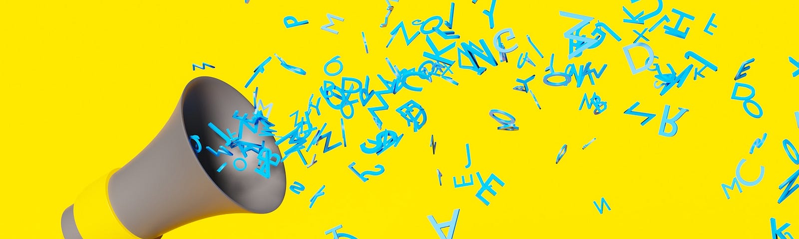 Megaphone on a yellow background with many different blue letters spilling out