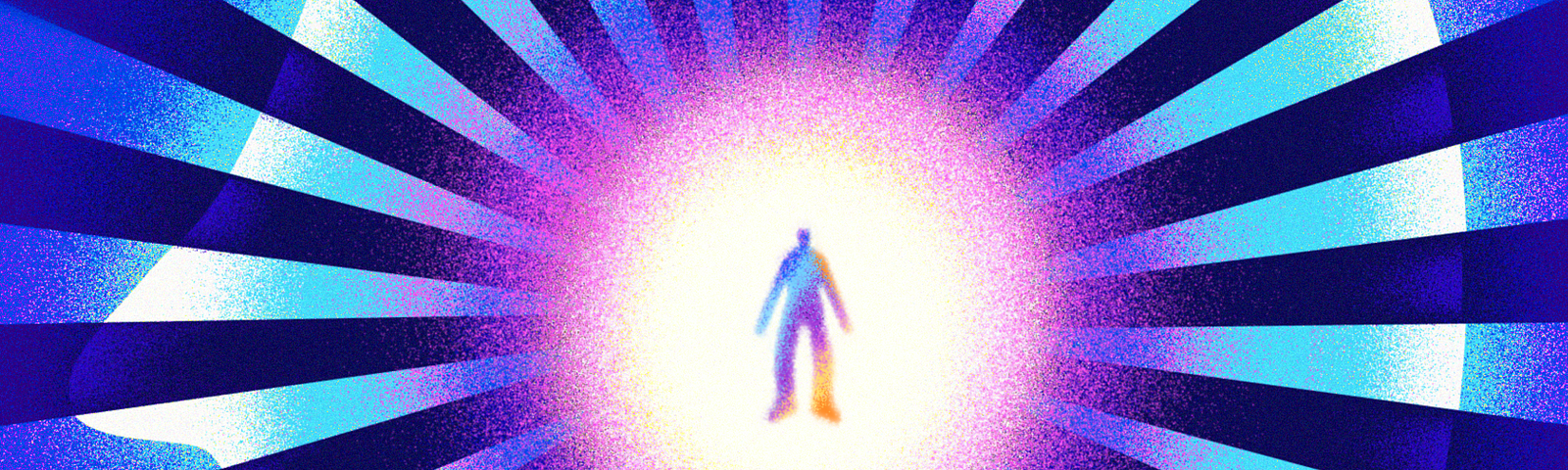 a person floating in a gradient orb with lines projecting out of it