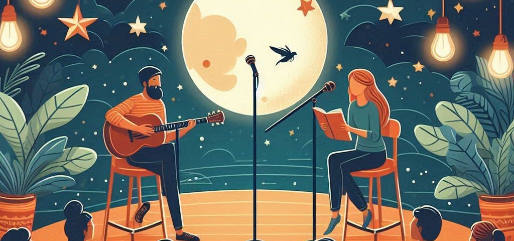 Illustration of an open mic night with a gentleman strumming a guitar and a woman reading poetry from a book on stage in front of an audience.