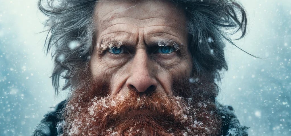 An older man in the snow with a red beard and blue eyes.