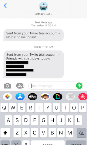 A screenshot from an iPhone with sample birthday bot text messages