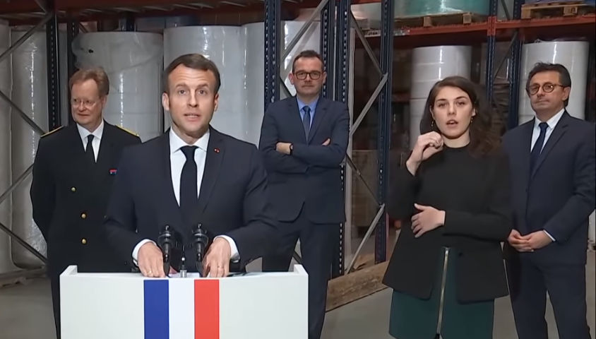 Screen grab from the video of Macron’s speech at a mask factory