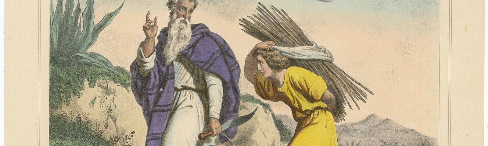 Old hand-colored print of Abraham walking with his son, Isaac toward the place of sacrifice.
