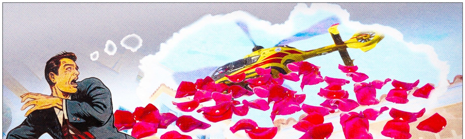 Man flees a helicopter that scatters rose petals