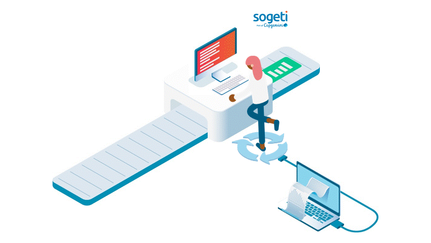 A Sogeti branded gif representing data preprocessing and reporting.