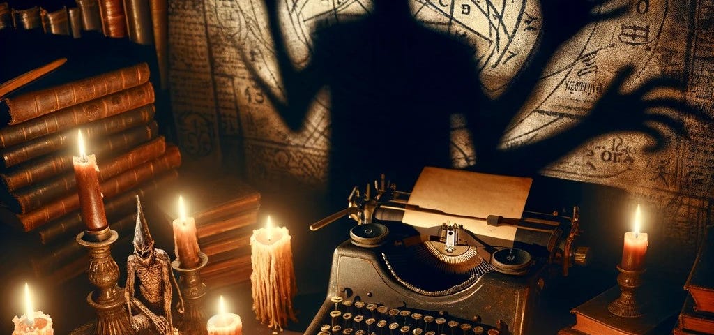 Scary looking scene, type writer and several candles and a scary shadow