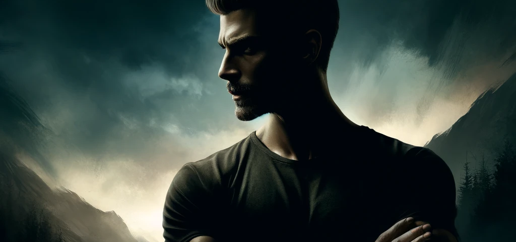 A powerful cover image featuring a man with a determined expression, standing against a dark, moody background. The man has a strong and confident pose, with his arms crossed and gazing into the distance. The dark color scheme emphasizes shadows and contrasts, creating a dramatic and impactful atmosphere, evoking themes of strength, resilience, and determination.