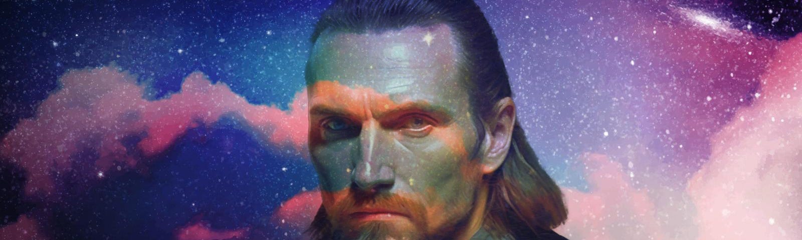Portrait of Qui-Gon Jinn as imagined by Midjourney. Photoshopped by author.