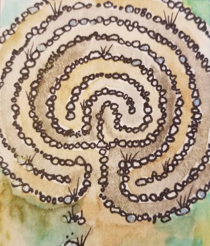 An ink and water colour painting of a labyrinth