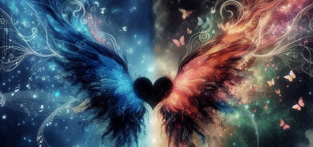 A heart with wings in a sky with musical notes and butterflies