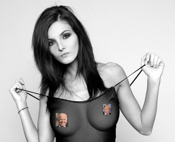 woman wearing a transparent nightie. Nipples are covered by portrait of Biden and Trump