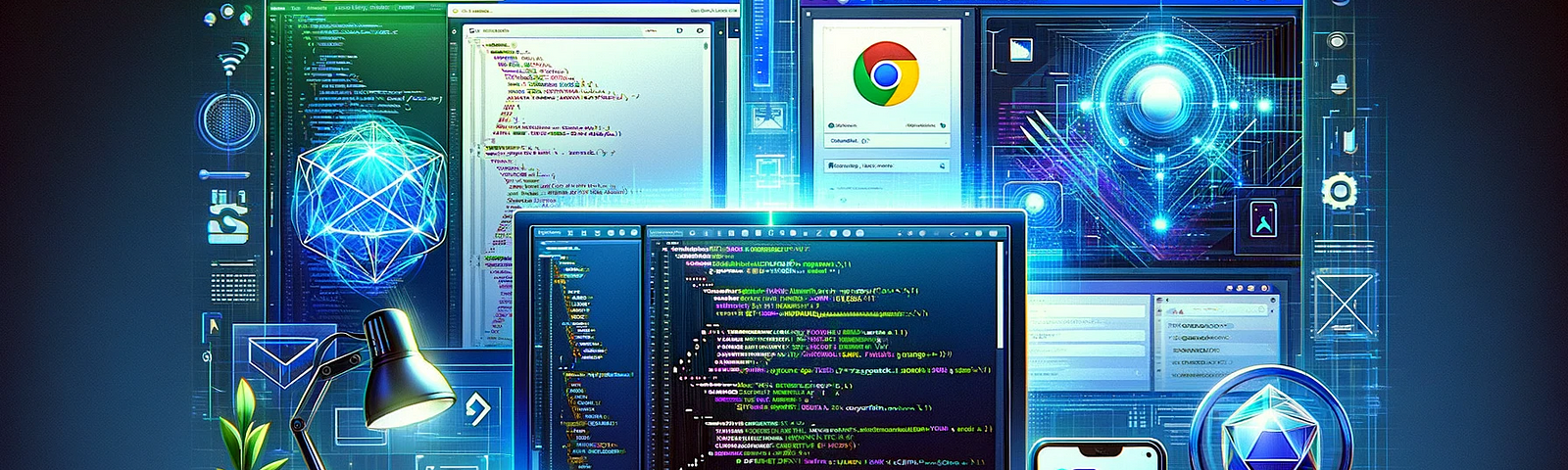 Illustration of a modern frontend development environment, featuring depictions of Visual Studio Code, GitHub, Chrome DevTools, and Google Lighthouse on a dark, technology-inspired background.