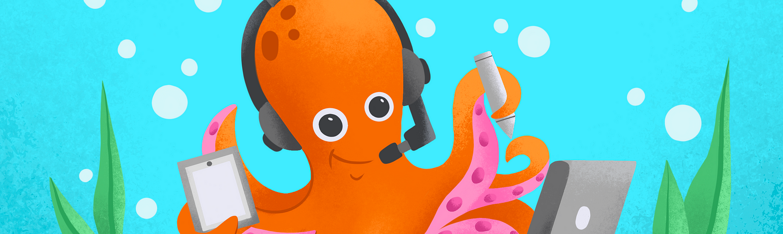 a cute octopus wearing a headset and carrying an ipad, cell phone, pencil, and hovering over a computer