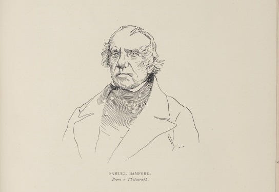 Line-art style black and white engraving of elderly Samuel Bamford, ‘from a Photograph’