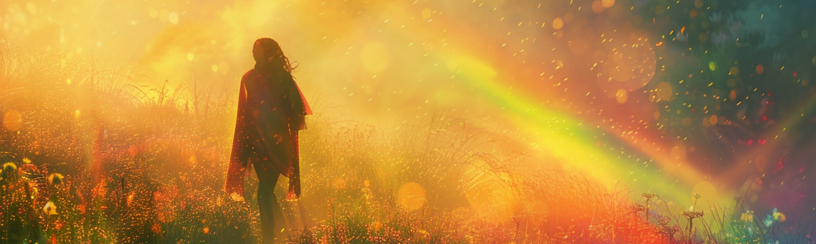 Woman walking in a meadow of wildflowers surrounded by scintillating rays of the sun