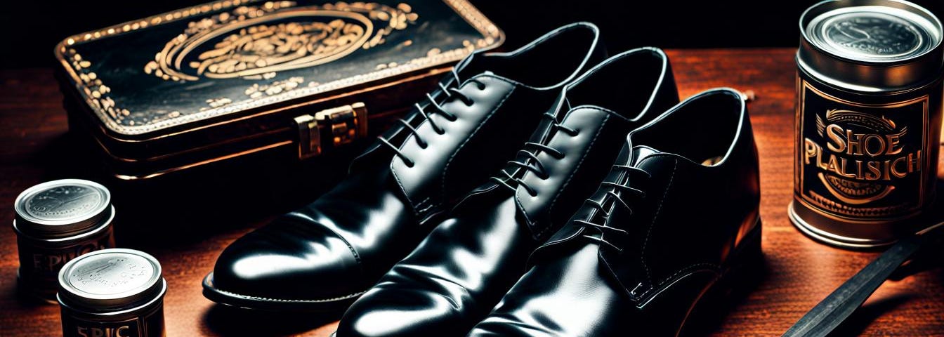 Black leather shoes with tin of shoe polish