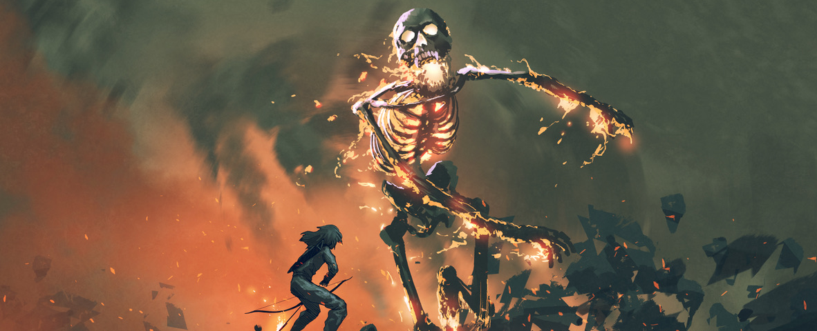 Image: A figure with a bow facing off against a huge flaming skeleton!