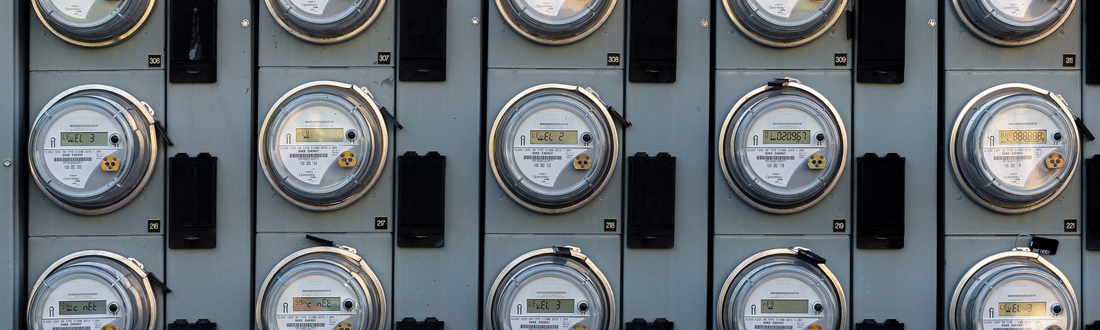 A bank of utility meters in Indiana. Photo by Jon Moore