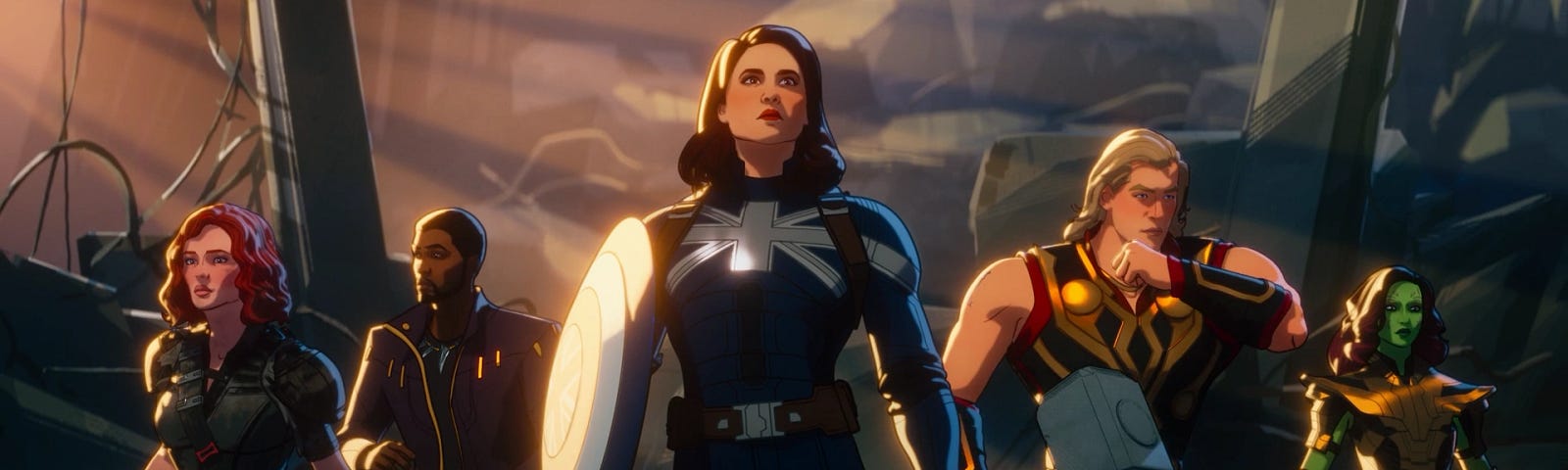 A still from Marvel’s What-If. Guardians of the Multiverse, Captain Carter in a Union Jack version of Captain America’s uniform, a beardless variant of Thor, a variant of T’Challa who became Starlord, a post-apocalypse variant of Black Widow, and a variant of Gamorra with armor reminiscent of Thanos’.