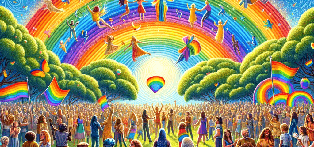 A colourful image full of rainbows and rainbow metaphors. A large group of people are happy and celebrating.