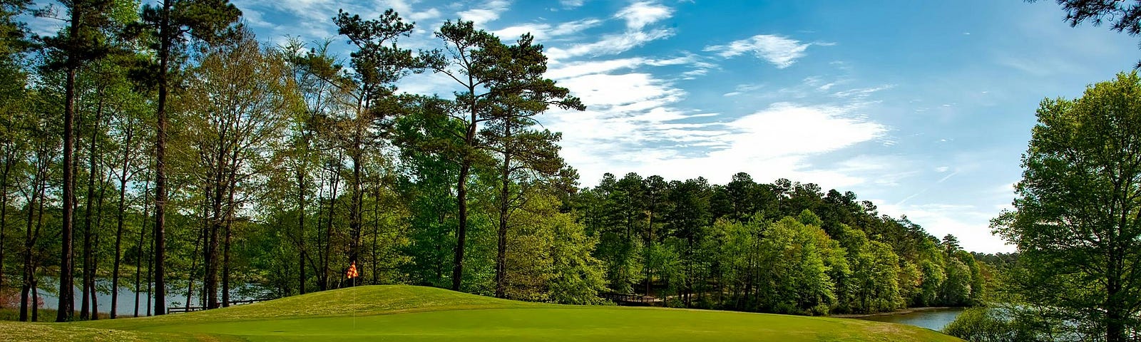 The fairway of a golf course lined with trees.