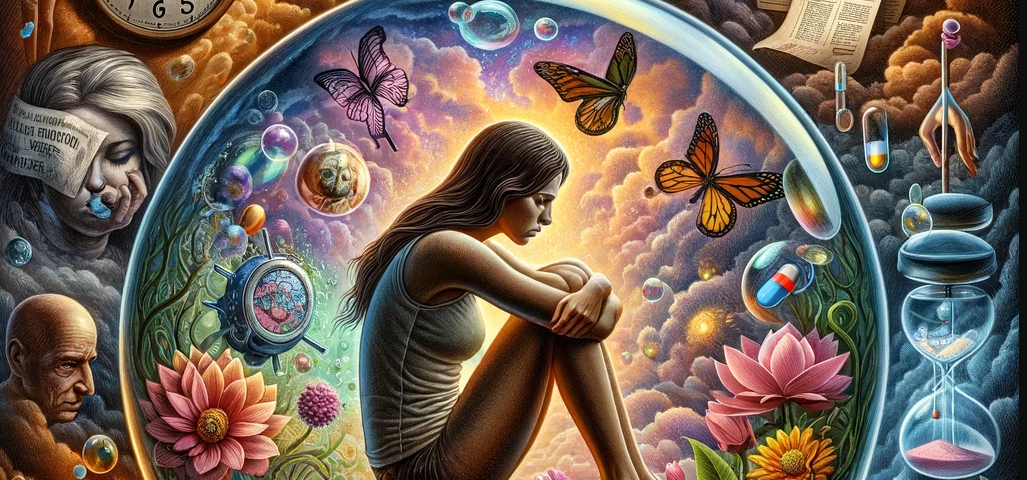 The image is a surreal, detailed artwork featuring a large sphere with various scenes interwoven around and inside it. Key elements include a woman sitting and contemplating, butterflies, a clock, a face depicted in smoke, test tubes, and a scientist. Each element is connected in a dream-like, flowing manner, suggesting themes of life, time, and science.