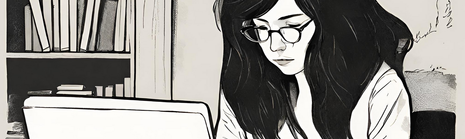 A female writer, long dark hair, glasses, types on her computer with a sad face, while next to her there’s a black cat looking at us. On her left side there are some books