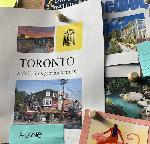 Photo of the section of vision board that refers to the solo trip. Scenes of Kensington Market, the roof of Ode to Toronto (hotel) and the hotel’s logo.